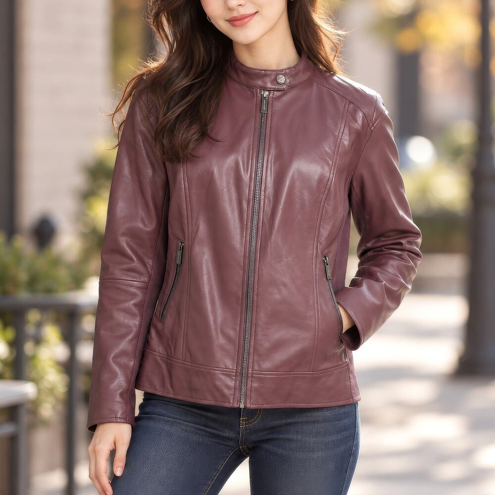 Kenneth Cole NY Faux Leather Moto Jacket Women XL Oxblood Mixed Media Biker Chic